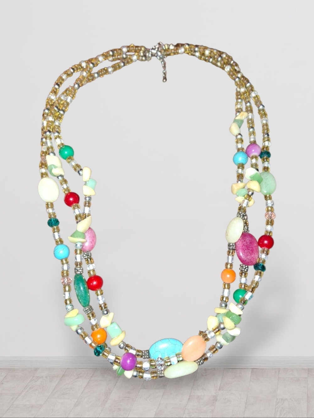 statement three strand natural multi-gemstone and glass bead necklace